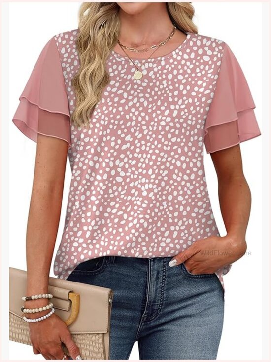 Tops - Ruffle Sleeve Chiffon Blouse Short Sleeve Summer Beach Vacation Top
